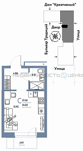 Студия, 27.02м2, 4/15, Домашний, Тюмень