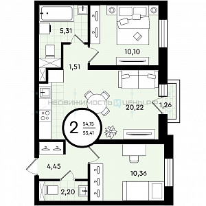 2 комн., 55.41м2, 4/4, Зеленые Аллеи, Тюмень