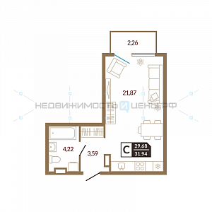Студия, 31.94м2, 2/4, Озерный, Тюмень