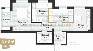 3 комн., 57.23м2, 2/4, Эклипт, Тюмень