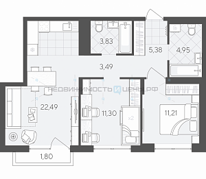 2 комн., 64.45м2, 5/9, Скандиа. Квартал в Комарово Парк, Тюмень