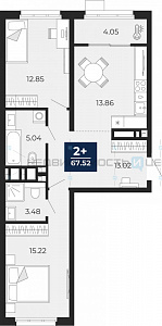 2 комн., 67.52м2, 11/19, Тюмень