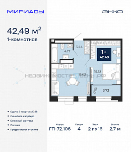 1 комн., 42.49м2, 2/16, Тюмень