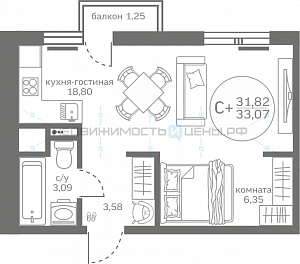 1 комн., 31.82м2, 4/17, Меридиан Юг, Тюмень
