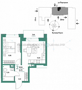 2 комн., 38.36м2, 12/16, Авторский, Тюмень