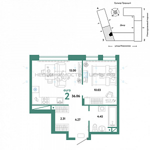 2 комн., 36.06м2, 14/16, Домашний, Тюмень