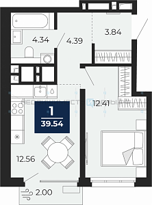 1 комн., 39.54м2, 7/23, Тюмень