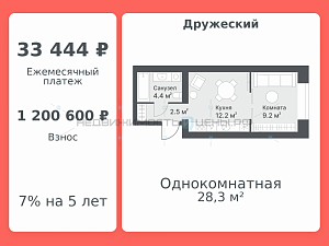 1 комн., 28.3м2, 10/14, Дружеский, Тюмень