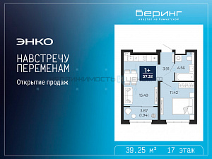 1 комн., 39.25м2, 17/17, Тюмень