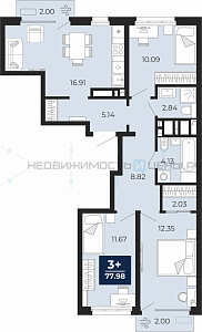 3 комн., 77.98м2, 12/19, Тюмень