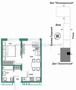 2 комн., 36.98м2, 12/15, Домашний, Тюмень