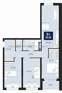 3 комн., 85.26м2, 2/21, Тюмень