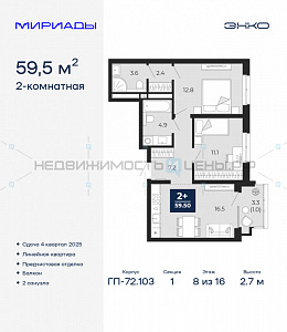 2 комн., 59.5м2, 8/16, Мириады, Тюмень