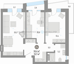 2 комн., 59.4м2, 4/4, Кипрея. Квартиры, Тюмень