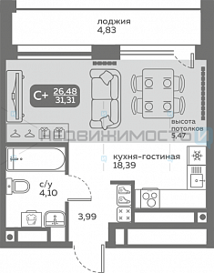 1 комн., 26.48м2, 20/20, Меридиан Слобода, Тюмень