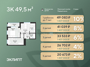 2 комн., 51.8м2, 4/4, Эклипт, Тюмень