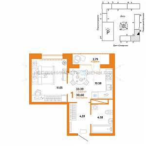 1 комн., 33.39м2, 15/16, Юнион, Тюмень