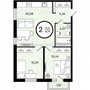 2 комн., 52.95м2, 4/4, Зеленые Аллеи, Тюмень