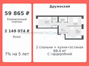 2 комн., 69.4м2, 10/14, Дружеский, Тюмень