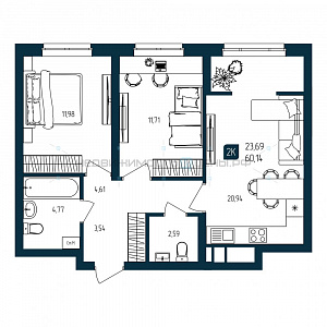 2 комн., 60.14м2, 2/25, Квартал Мятный, Тюмень