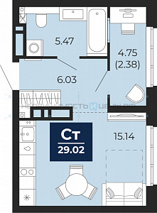 1 комн., 31.39м2, 19/21, Тюмень
