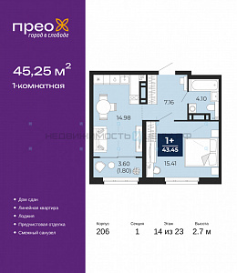 1 комн., 45.25м2, 14/23, Тюмень