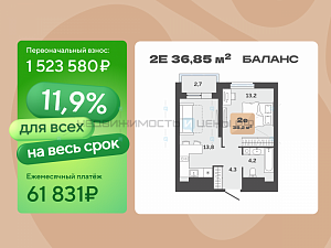1 комн., 36.85м2, 23/23, Баланс, Тюмень