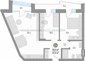 2 комн., 59.4м2, 2/4, Кипрея. Квартиры, Тюмень