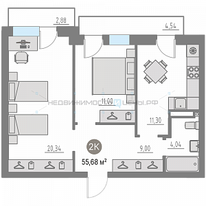 2 комн., 54.7м2, 2/4, Кипрея. Квартиры, Тюмень