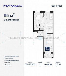 2 комн., 65м2, 9/16, Мириады, Тюмень