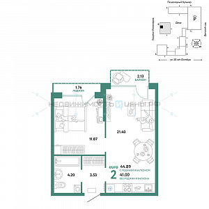 2 комн., 44.89м2, 12/25, Сердце Сибири, Тюмень