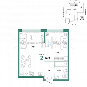 2 комн., 36.73м2, 6/25, Сердце Сибири, Тюмень