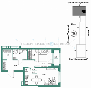 2 комн., 45.06м2, 13/15, Домашний, Тюмень