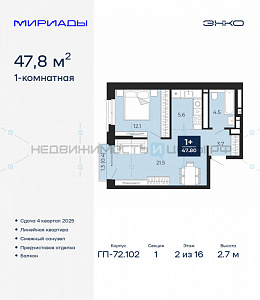 1 комн., 47.8м2, 2/16, Мириады, Тюмень