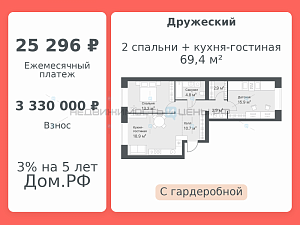 2 комн., 69.4м2, 10/14, Дружеский, Тюмень