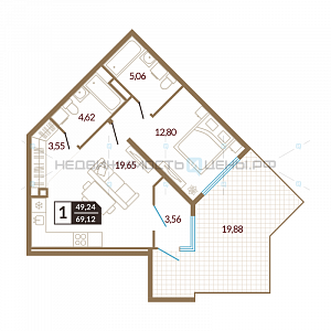 1 комн., 49.24м2, 1/4, Озерный, Тюмень