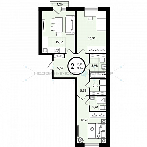 2 комн., 62.96м2, 1/4, Зеленые Аллеи, Тюмень