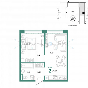 2 комн., 38.97м2, 7/15, Домашний, Тюмень