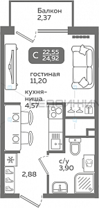 1 комн., 22.55м2, 7/21, Меридиан Слобода, Тюмень