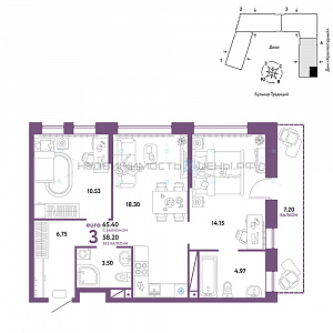 3 комн., 65.4м2, 4/15, Домашний, Тюмень
