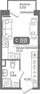 1 комн., 20.81м2, 2/21, Меридиан Слобода, Тюмень