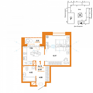 1 комн., 34.19м2, 11/16, Юнион, Тюмень