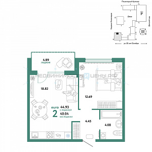 2 комн., 44.93м2, 24/25, Сердце Сибири, Тюмень