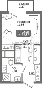 1 комн., 22.5м2, 11/21, Меридиан Слобода, Тюмень