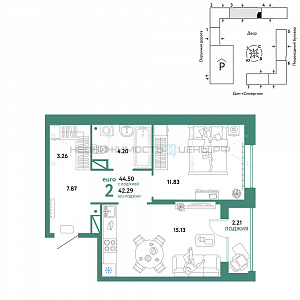 2 комн., 44.5м2, 13/16, Юнион, Тюмень