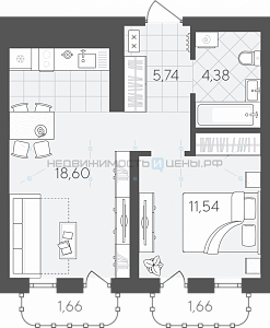 1 комн., 43.58м2, 8/24, Скандиа. Квартал в Слободе, Тюмень