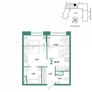 2 комн., 38.79м2, 8/15, Домашний, Тюмень