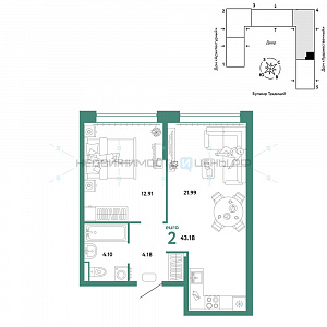 2 комн., 43.18м2, 6/15, Домашний, Тюмень