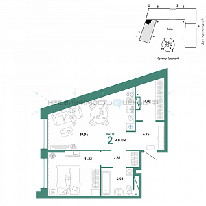 2 комн., 48.09м2, 7/15, Домашний, Тюмень
