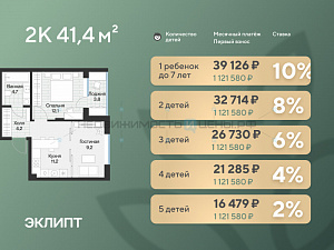 1 комн., 43.2м2, 4/4, Эклипт, Тюмень